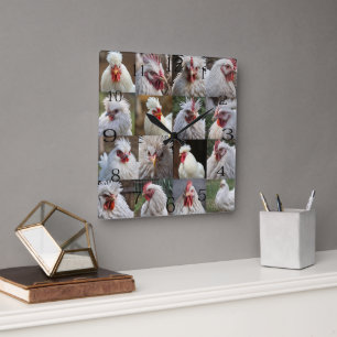 "Feathers in Focus: A White Chicken's Portrait" Square Wall Clock