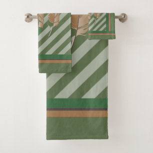 Feathers in Green Stripes and Nature Colours. Bath Towel Set