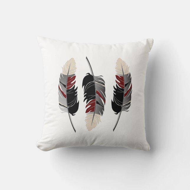 Feathers in Grey, Maroon Red and Cream Cushion (Front)