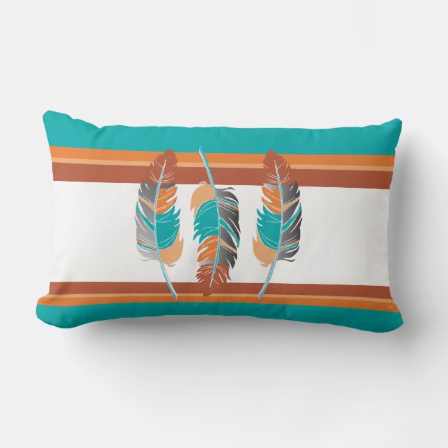 Feathers in Teal and Desert Colours 2 Lumbar Cushion (Front)