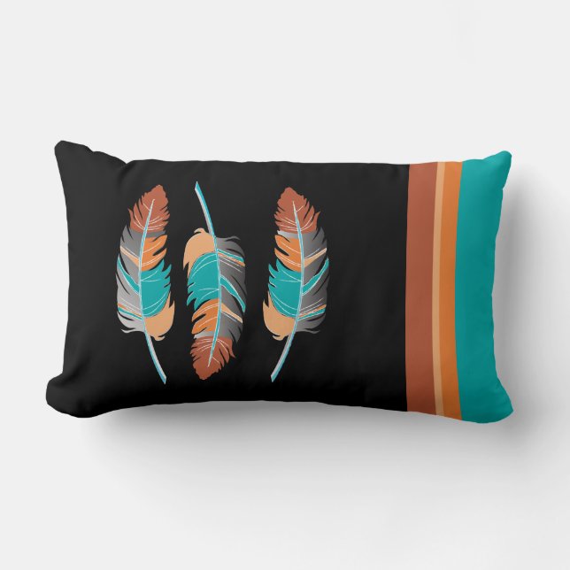 Feathers in Teal and Desert Colours Lumbar Cushion (Front)
