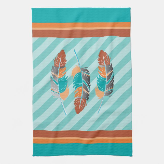 Feathers in Teal Stripes and Desert Colour Tea Towel (Vertical)