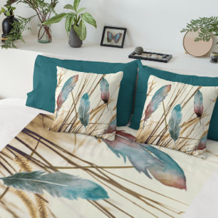Feathers in watercolor on dried grass background  cushion