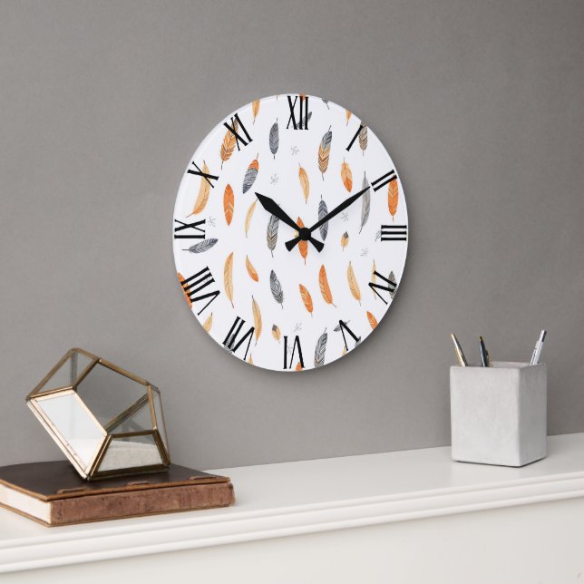 Feathers Luxury Trendy Boho Collection Large Clock (Office)
