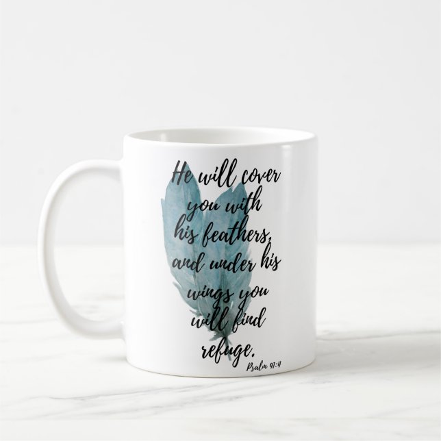Feathers Mug Psalm 91:4 Under His Wings (Left)