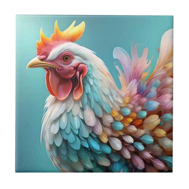 "Feathers of Color: The Rainbow Chicken" Ceramic Tile (Front)