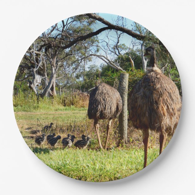 "Feathers of Pride: Emu Parents with Their Chicks" Paper Plate (Front)