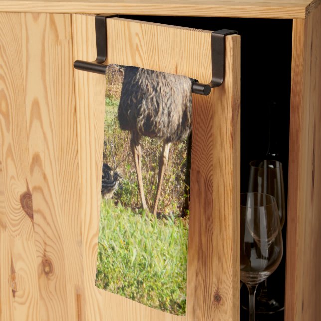 "Feathers of Pride: Emu Parents with Their Chicks" Tea Towel (Thirds Fold)