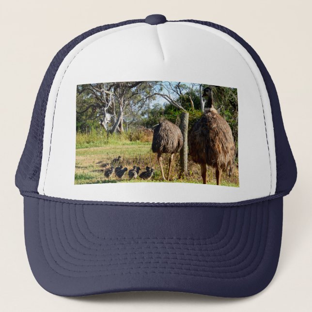 "Feathers of Pride: Emu Parents with Their Chicks" Trucker Hat (Front)