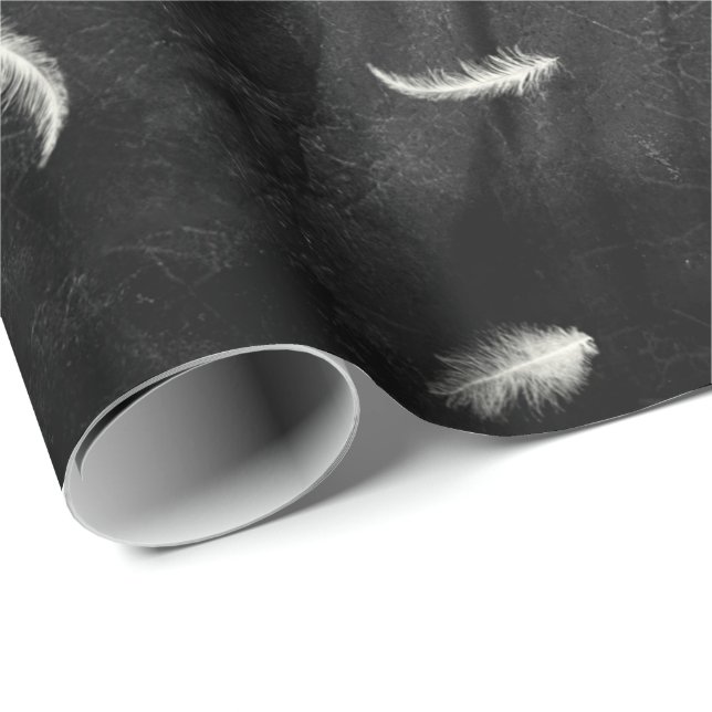 Feathers On Black Leather Wrapping Paper (Roll Corner)