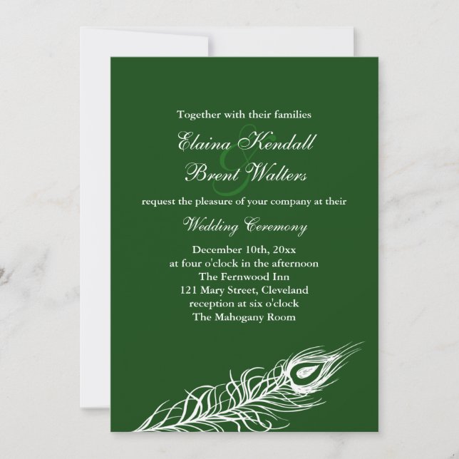 Feathers on Emerald Green Wedding Invitation (Front)