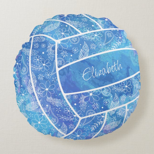feathers paislies boho pattern blue volleyball round cushion (Front)