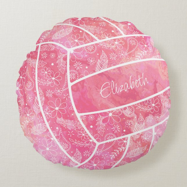 feathers paislies floral pattern pink volleyball round cushion (Front)