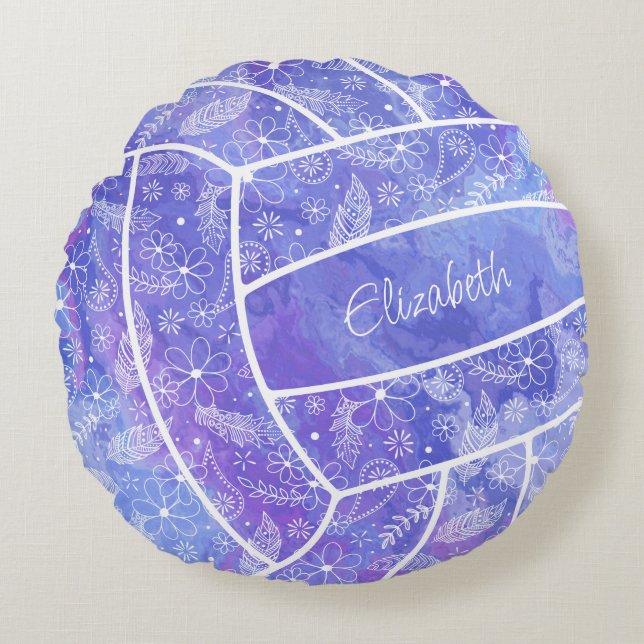feathers paislies floral pattern purple volleyball round cushion (Front)