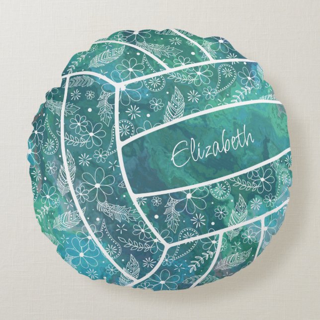 feathers paislies floral pattern teal volleyball round cushion (Front)