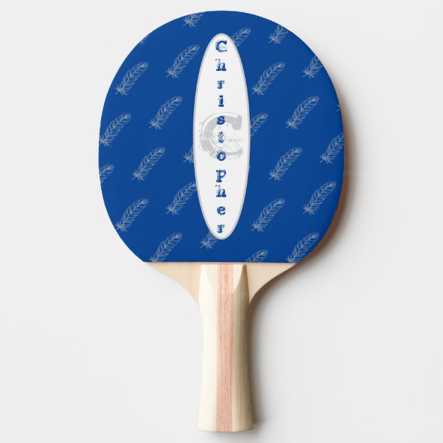 Feathers Pattern Blue Simple Modern Name Monogram Ping Pong Paddle (Front)