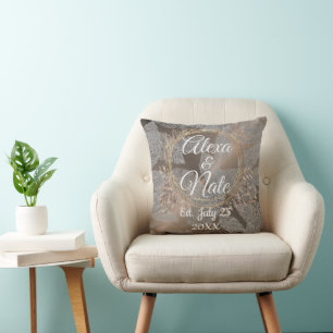 Feathers Rose Blush Floral Wreath Wedding Cushion