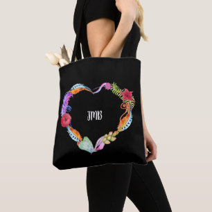 Feathers & Succulents Heart Monogram Tote Bag