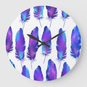 Feathers with space texture, magical pattern. large clock
