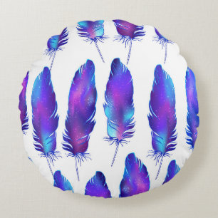 Feathers with space texture, magical pattern. round cushion