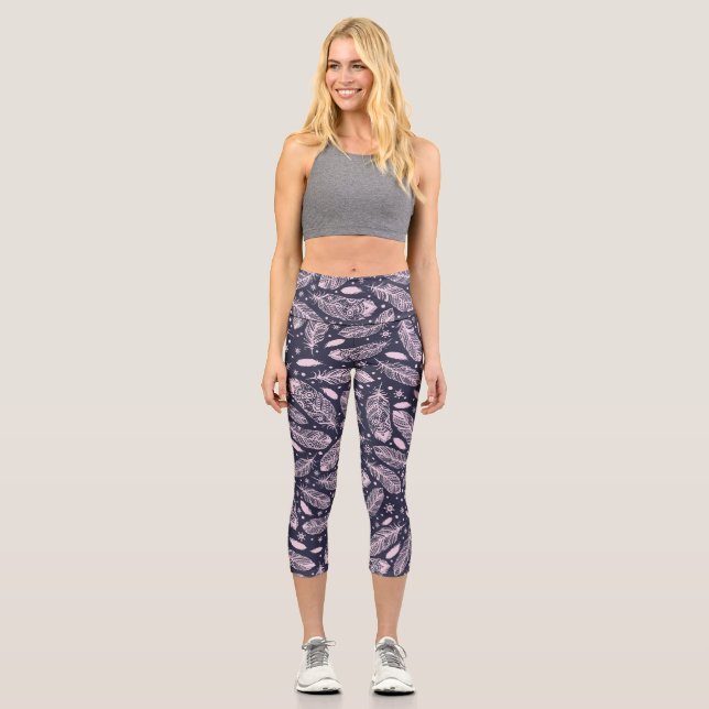 Feathery Fantasy: Romantic Pattern Creation Capri Leggings (Front)