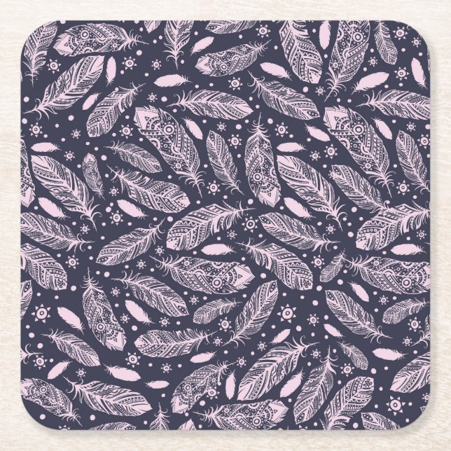 Feathery Fantasy: Romantic Pattern Creation Square Paper Coaster (Front)