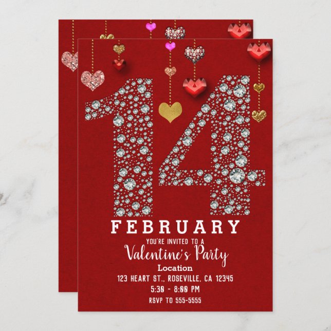 February 14 14TH Red Hearts Valentine's Day Party Invitation (Front/Back)