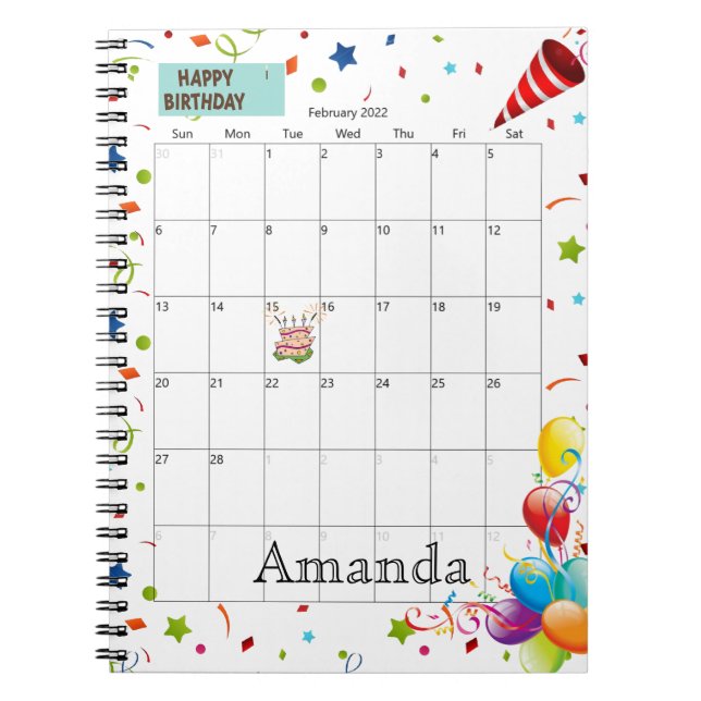 February 2022 Calendar Happy Birthday Notebook (Front)