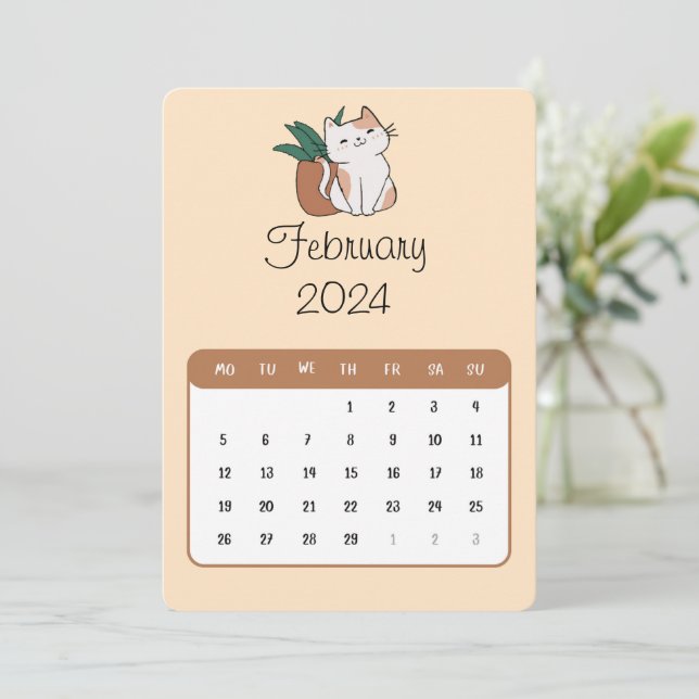 February 2024 Stand Alone Cat And Plant Calendar Menu (Standing Front)