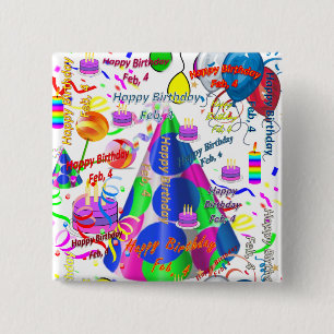 February, 4 Birthday Square Button