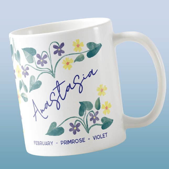 February Birth Flower Custom Name Primrose Violet Coffee Mug (February birth month flowers primrose violet personalized custom name coffee mug with watercolor art)