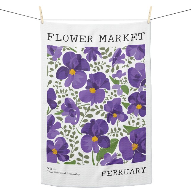 February Birth Flower Market Purple Violet Floral Tea Towel (Personalized February Birth Flower Market Kitchen Towel, Custom Floral Print Kitchen Towel, Violets)