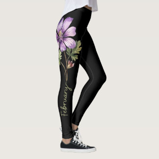 February Birth Flower, Purple Violet on Black Leggings