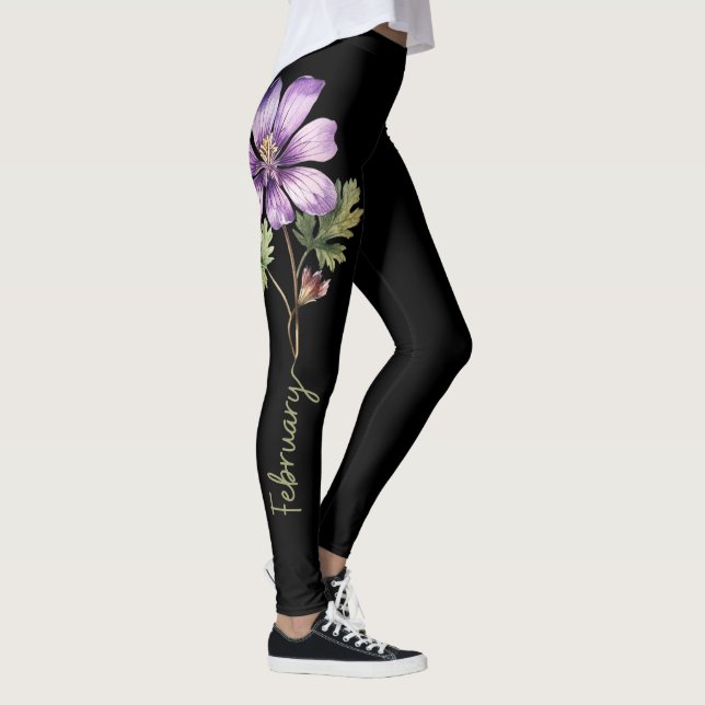 February Birth Flower, Purple Violet on Black Leggings (Right)