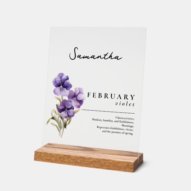 February Birth Month Flower Violet Personalised Acrylic Sign (Angle)