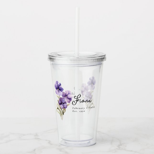 February Birth Month Flower Violet Personalised Acrylic Tumbler (Front)