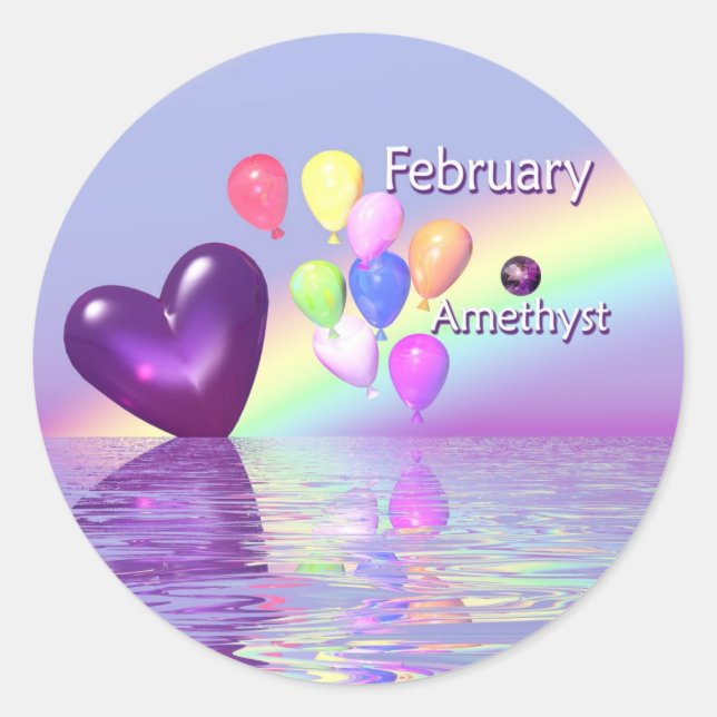 February Birthday Amethyst Heart Classic Round Sticker (Front)