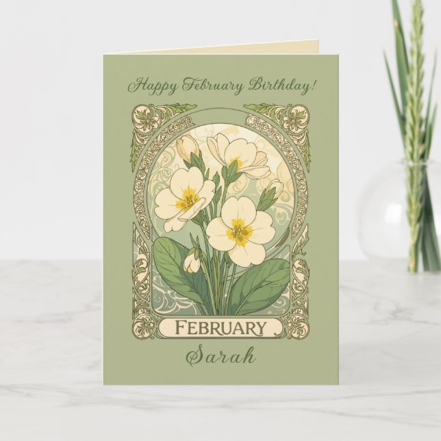 February Birthday Primrose Flowers Art Nouveau Sty Card (Front)