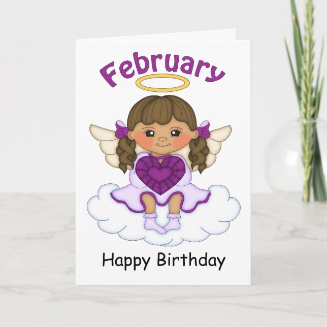 February Birthstone Angel Brunette Birthday Card (Front)