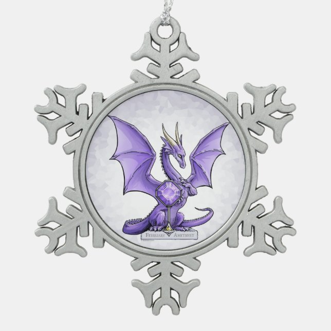February Birthstone Dragon - Amethyst Snowflake Pewter Christmas Ornament (Front)