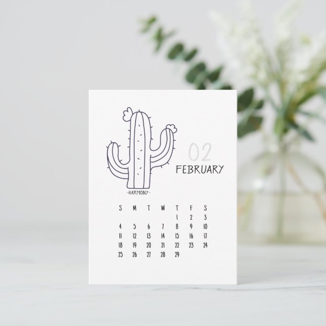 February Customisable Cactus 2024 Calendar Card (Standing Front)