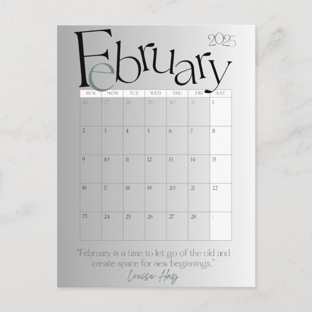 February Grey Modern Monthly Calendar 2025 Postcard (Front)