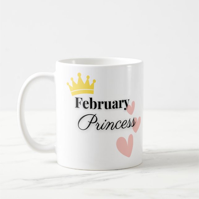 February Princess Mug – Gold Crown & Hearts Design (Left)