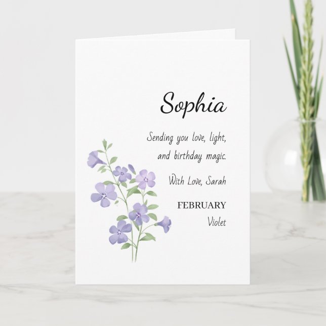February Violet Personalised Birthday Card (Front)