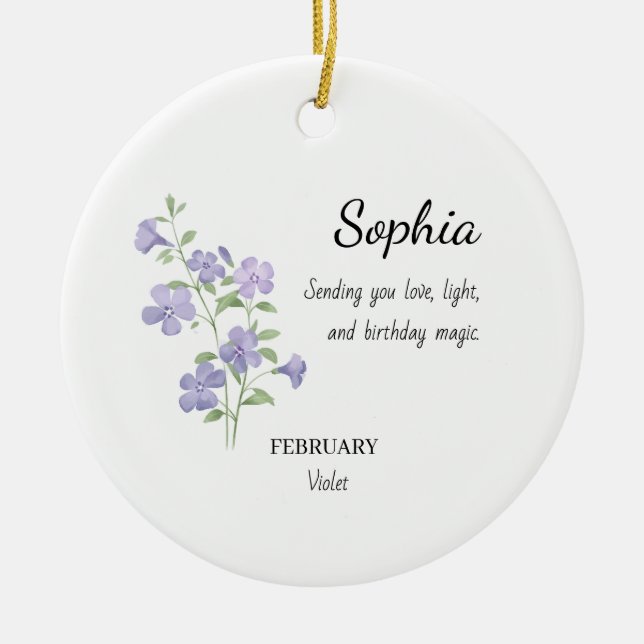 February Violet Personalised Birthday Ceramic Ornament (Front)