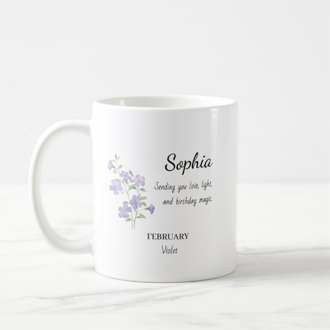 February Violet Personalised Birthday Coffee Mug (Left)