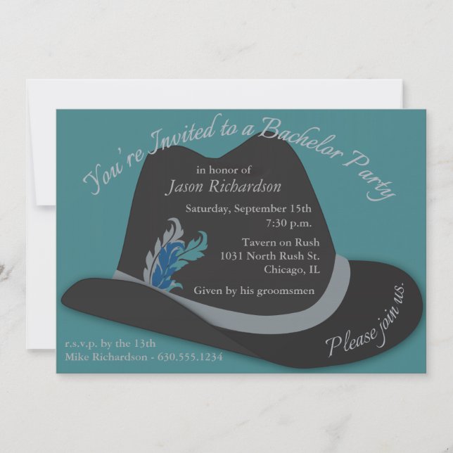 Fedora Hat with Feathers Bachelor Party Invitation (Front)