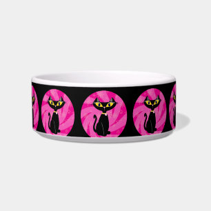 Feed Me Black Cat on Pink Pattern Retro Art Bowl