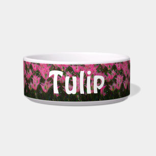 Feeding and Water Pet Bowl in Dark Pink Tulips