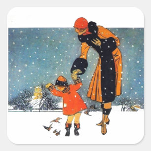 Feeding Birds in the Snow Classic Round Sticker